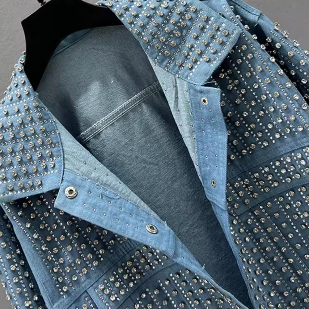Patchwork Rivet Denim Jacket Women Fashion Lapel Long Sleeve - Picture 5 of 7